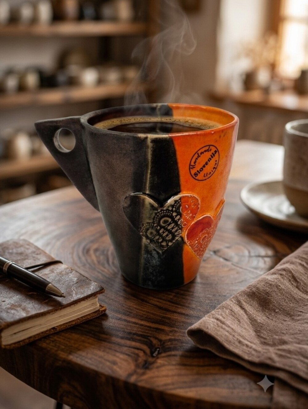 Unique Coffee Mug Made In Slovenia Orange & Brown Textured Hearts